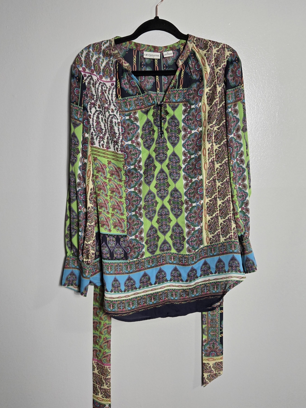Liz Claiborne Paisley Mixed Patchwork Tie Waist Blouse Tunic Top Women's Size PL